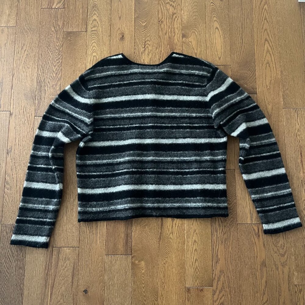 Geoffrey Beene Sport 100% Wool Cardigan L Black Gray Striped Button Up‎ Sweater - Picture 4 of 4